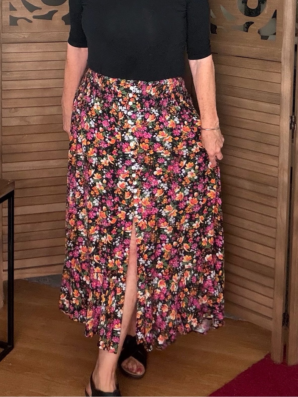 Rachel Zoe Black Maxi Skirt with Pink, Orange & White Floral Print